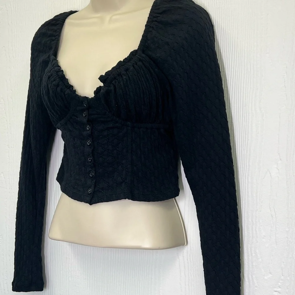 Free People - Lady Bug Black Sweetheart Neck Long Sleeve Crop Blouse Size XS